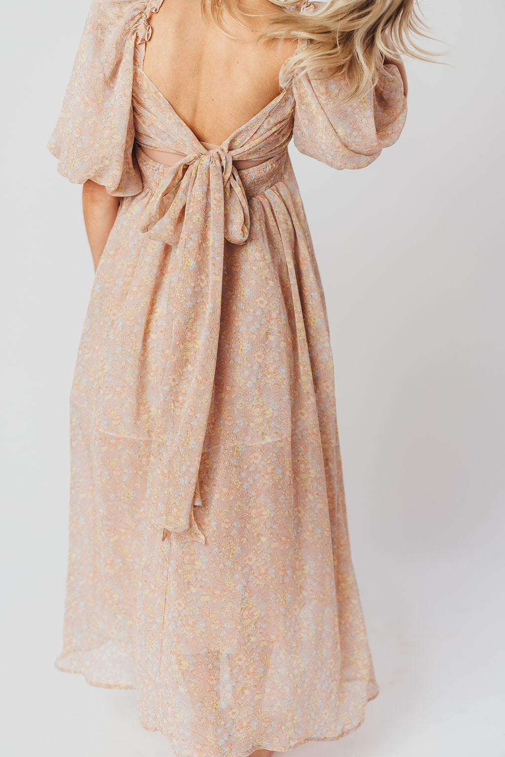 Melody Maxi Dress with Pleats and Bow Detail in Mauve Floral - Bump Friendly & Inclusive Sizing (S-3XL)