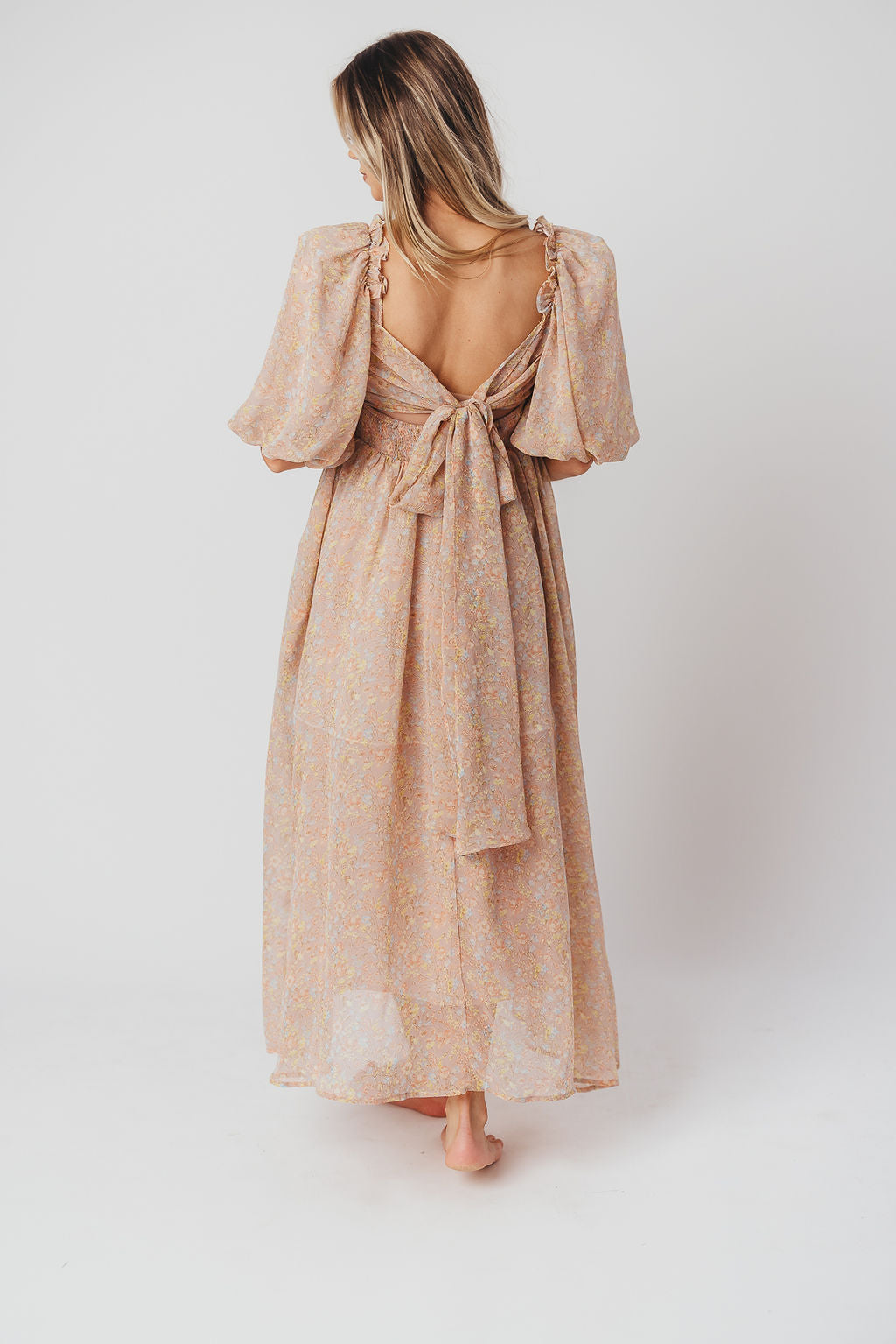 Melody Maxi Dress with Pleats and Bow Detail in Mauve Floral - Bump Friendly & Inclusive Sizing (S-3XL)