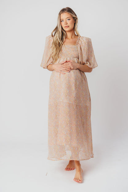 Melody Maxi Dress with Pleats and Bow Detail in Mauve Floral - Bump Friendly & Inclusive Sizing (S-3XL)