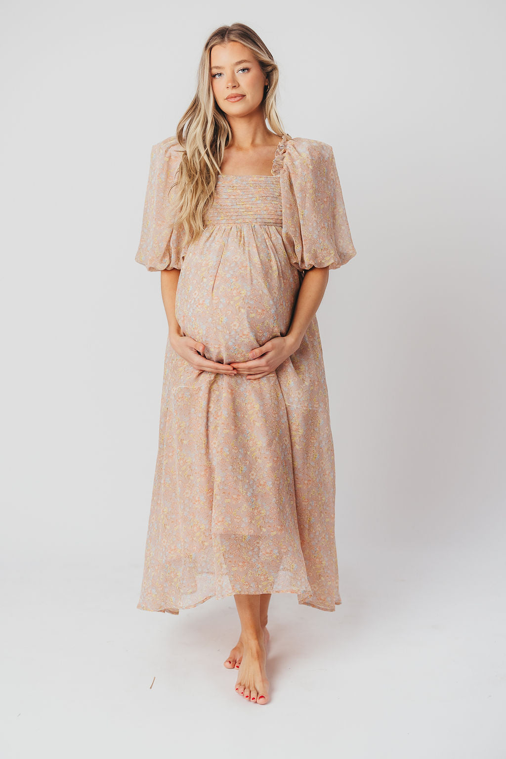 Melody Maxi Dress with Pleats and Bow Detail in Mauve Floral - Bump Friendly & Inclusive Sizing (S-3XL)