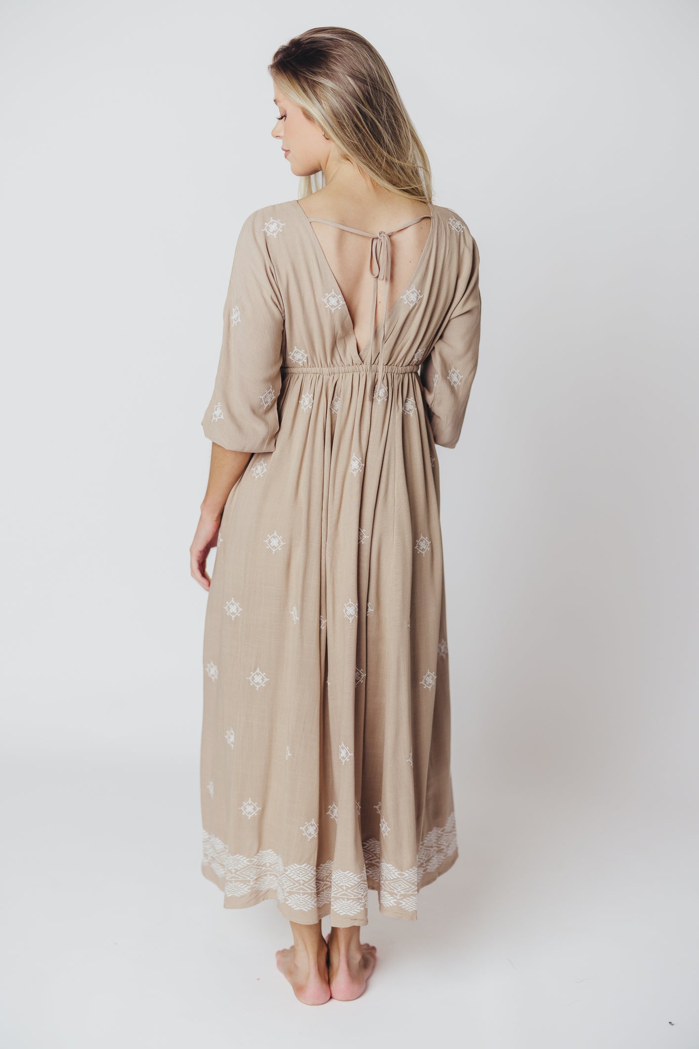 Janette Embroidered Midi Dress in Linen Beige