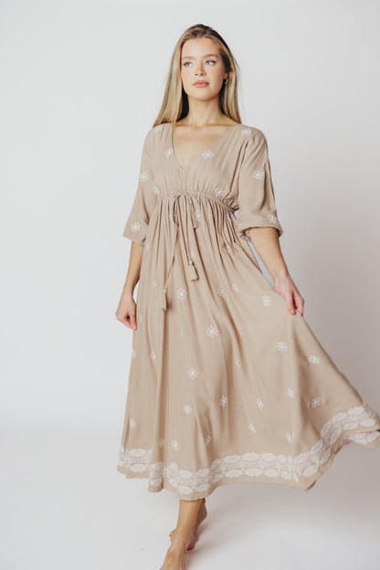 Janette Embroidered Midi Dress in Linen Beige