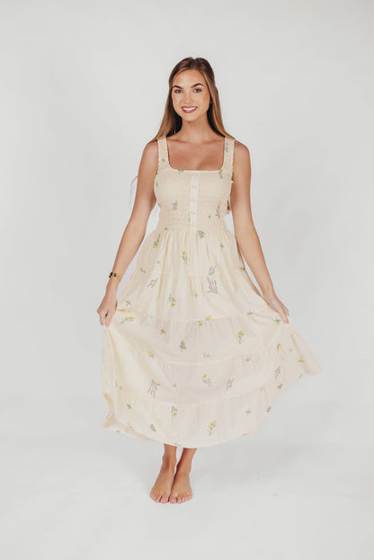 Eileen Cotton Maxi Dress with Embroidered Flowers in Ivory