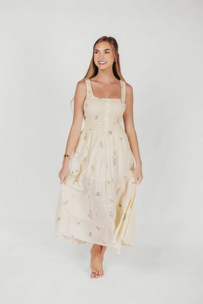 Eileen Cotton Maxi Dress with Embroidered Flowers in Ivory