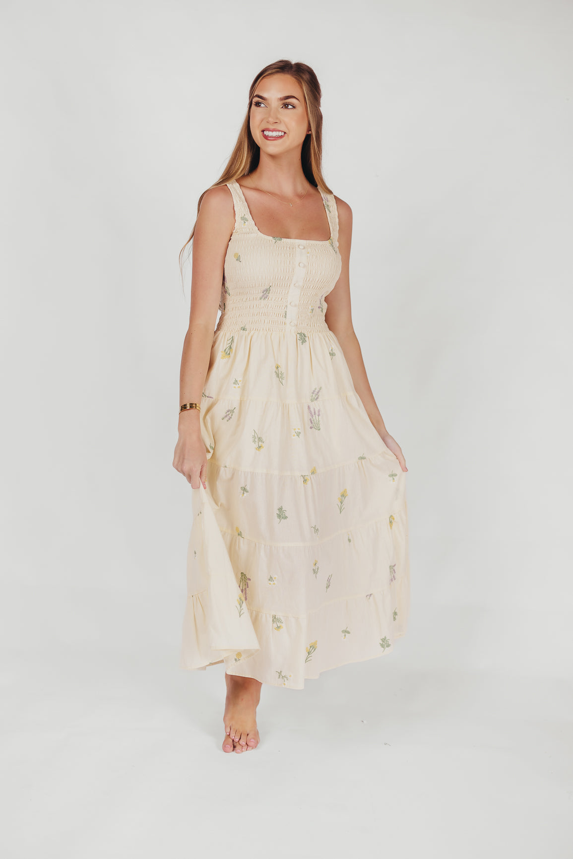 Eileen Cotton Maxi Dress with Embroidered Flowers in Ivory