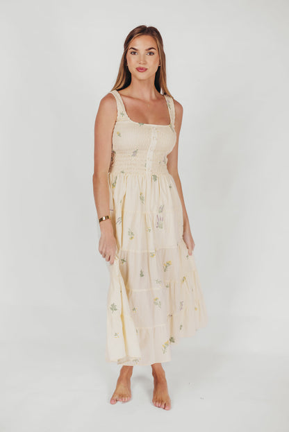 Eileen Cotton Maxi Dress with Embroidered Flowers in Ivory