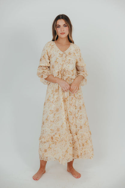 Hazel 3/4 Sleeve Chiffon Midi Dress in Yellow Multi Floral - Bump Friendly & Inclusive Sizing (S-3XL)