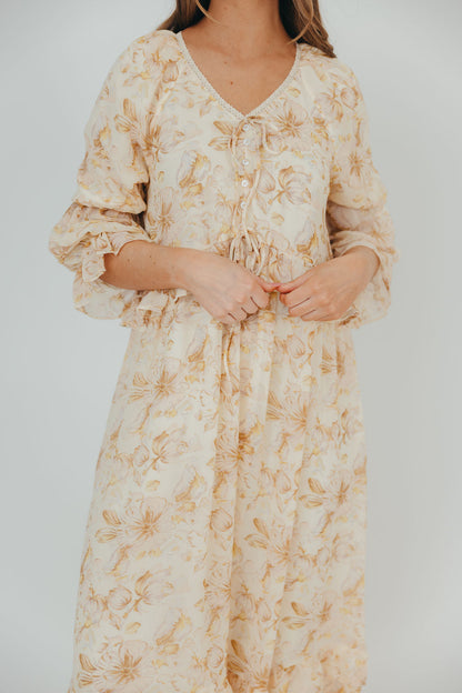 Hazel 3/4 Sleeve Chiffon Midi Dress in Yellow Multi Floral - Bump Friendly & Inclusive Sizing (S-3XL)