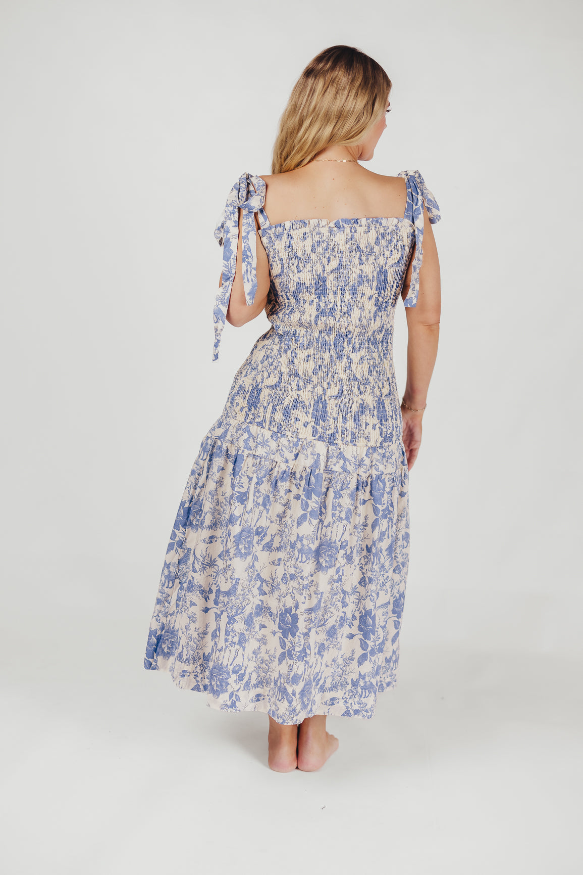 Marianne Toile Print Midi Dress with Smocking and Tie Accents in Blue - Bump Friendly