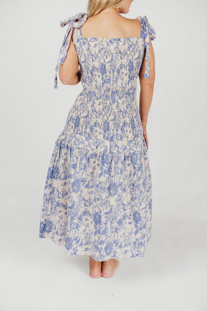 Marianne Toile Print Midi Dress with Smocking and Tie Accents in Blue - Bump Friendly