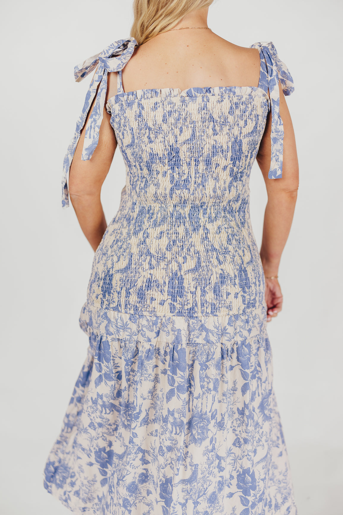 Marianne Toile Print Midi Dress with Smocking and Tie Accents in Blue - Bump Friendly