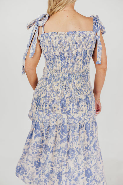 Marianne Toile Print Midi Dress with Smocking and Tie Accents in Blue - Bump Friendly