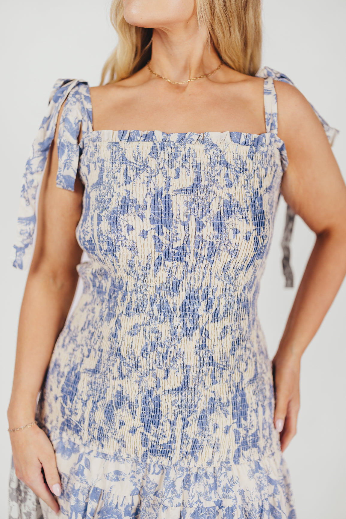 Marianne Toile Print Midi Dress with Smocking and Tie Accents in Blue - Bump Friendly