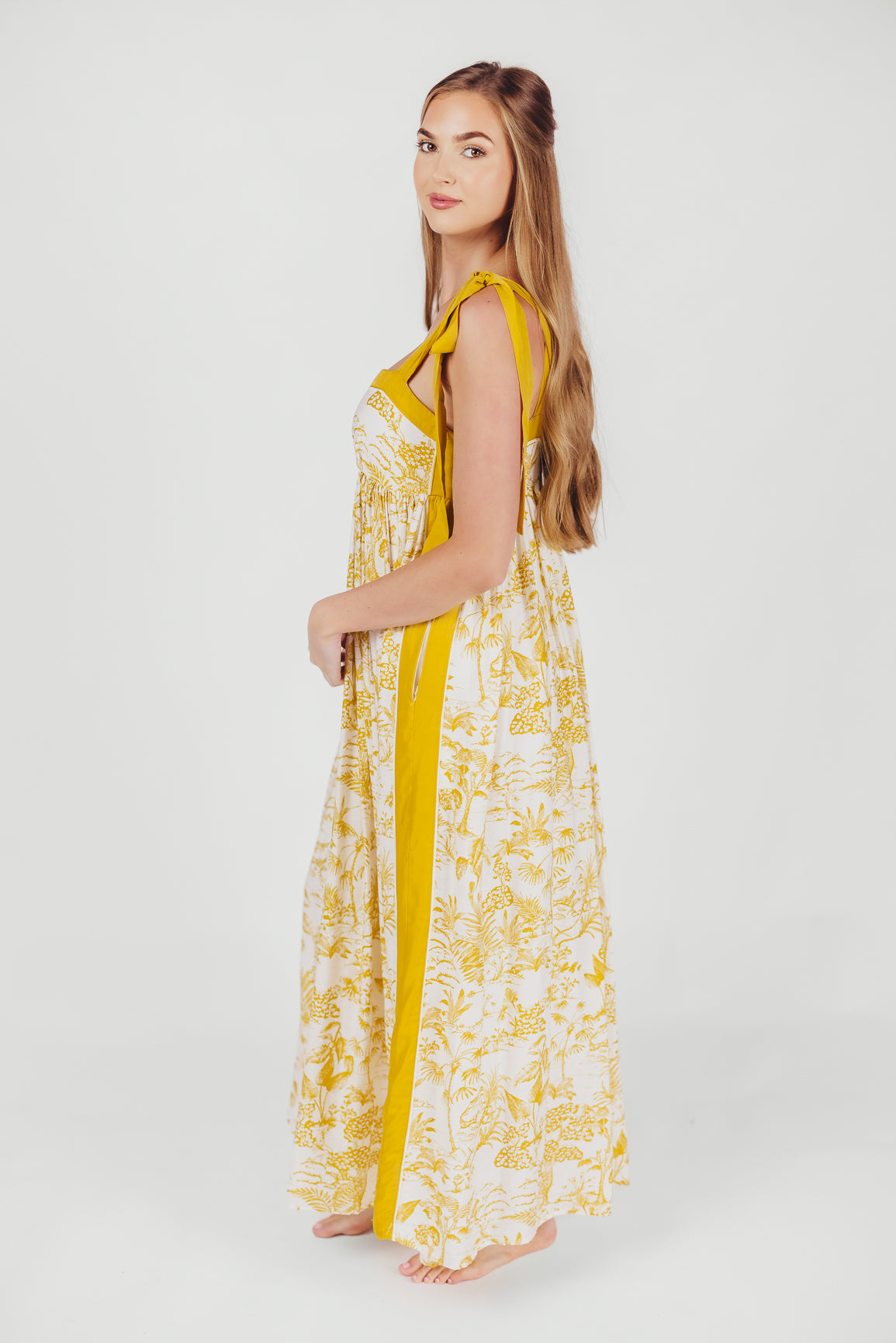 Sunny Floral Maxi Dress with Tie Straps in Goldenrod