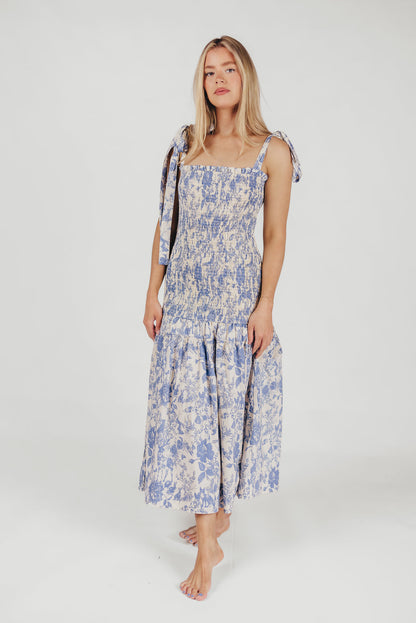 Marianne Toile Print Midi Dress with Smocking and Tie Accents in Blue - Bump Friendly