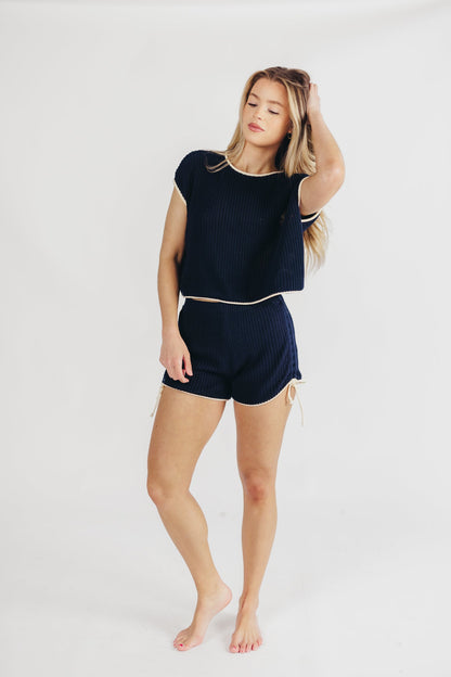 Yvonne Ruched Knit Top and Shorts Set with Contrast Detail in Navy/Ivory