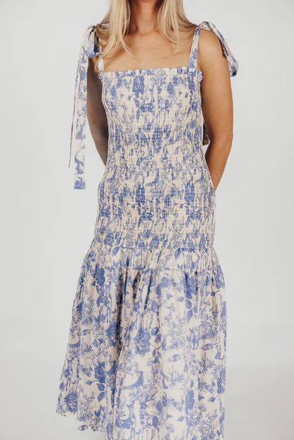 Marianne Toile Print Midi Dress with Smocking and Tie Accents in Blue - Bump Friendly