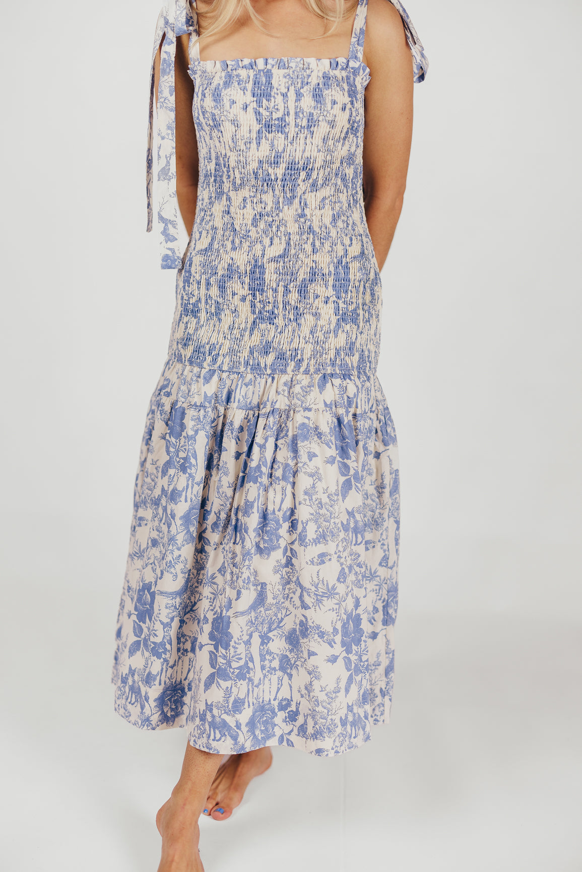 Marianne Toile Print Midi Dress with Smocking and Tie Accents in Blue - Bump Friendly