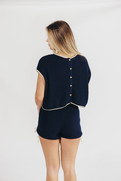 Yvonne Ruched Knit Top and Shorts Set with Contrast Detail in Navy/Ivory