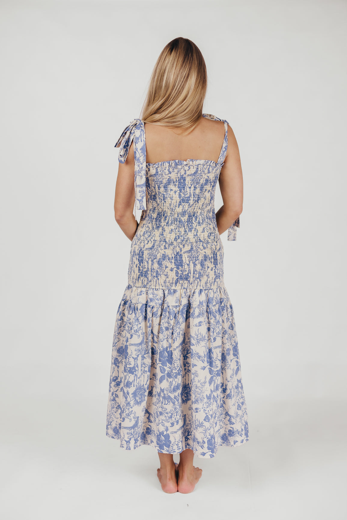 Marianne Toile Print Midi Dress with Smocking and Tie Accents in Blue - Bump Friendly