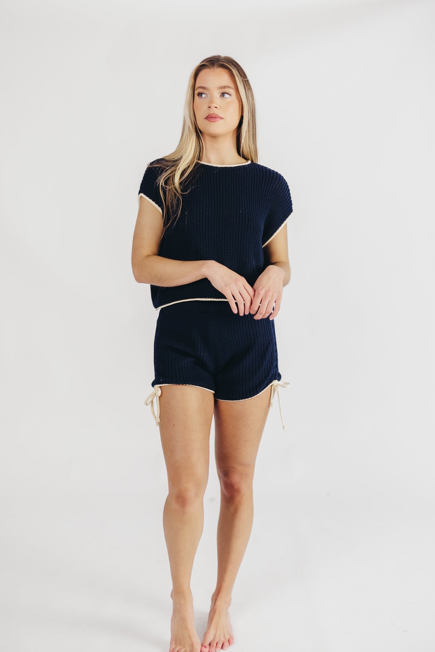 Yvonne Ruched Knit Top and Shorts Set with Contrast Detail in Navy/Ivory