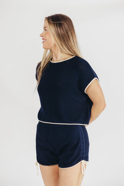 Yvonne Ruched Knit Top and Shorts Set with Contrast Detail in Navy/Ivory