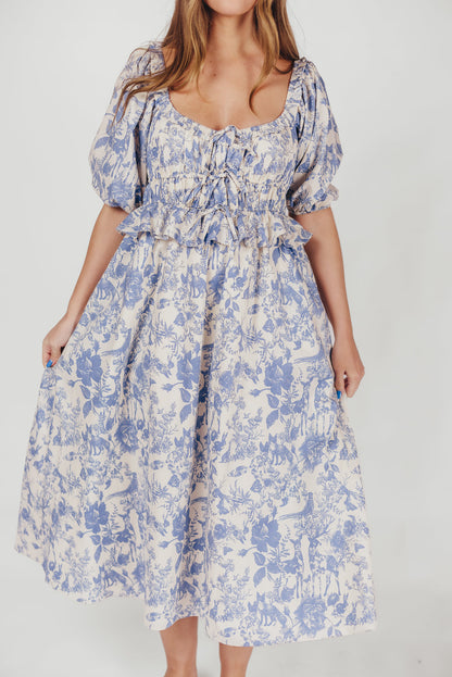 Annabelle Toile Print Midi Dress in Blue