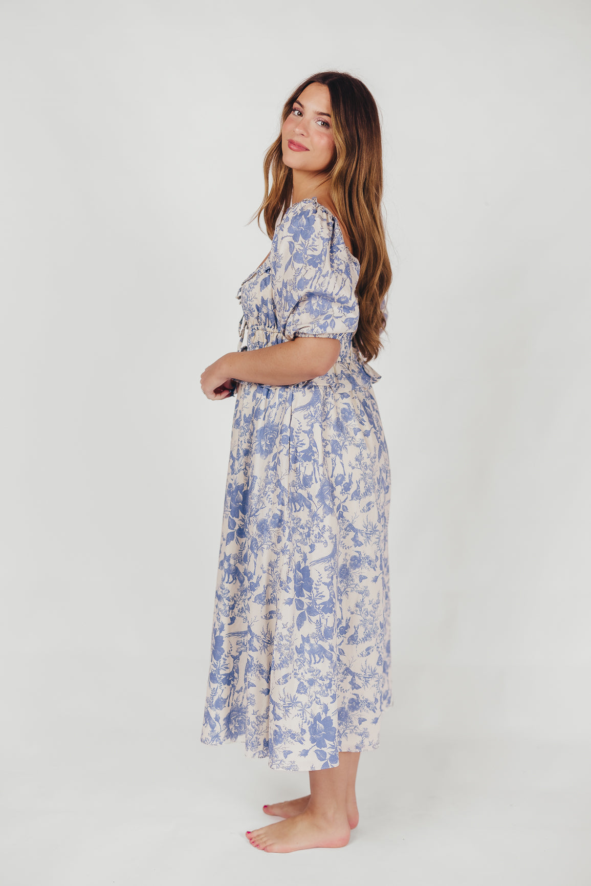 Annabelle Toile Print Midi Dress in Blue