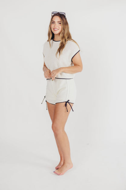 Yvonne Ruched Knit Top and Shorts Set with Contrast Detail in White/Navy