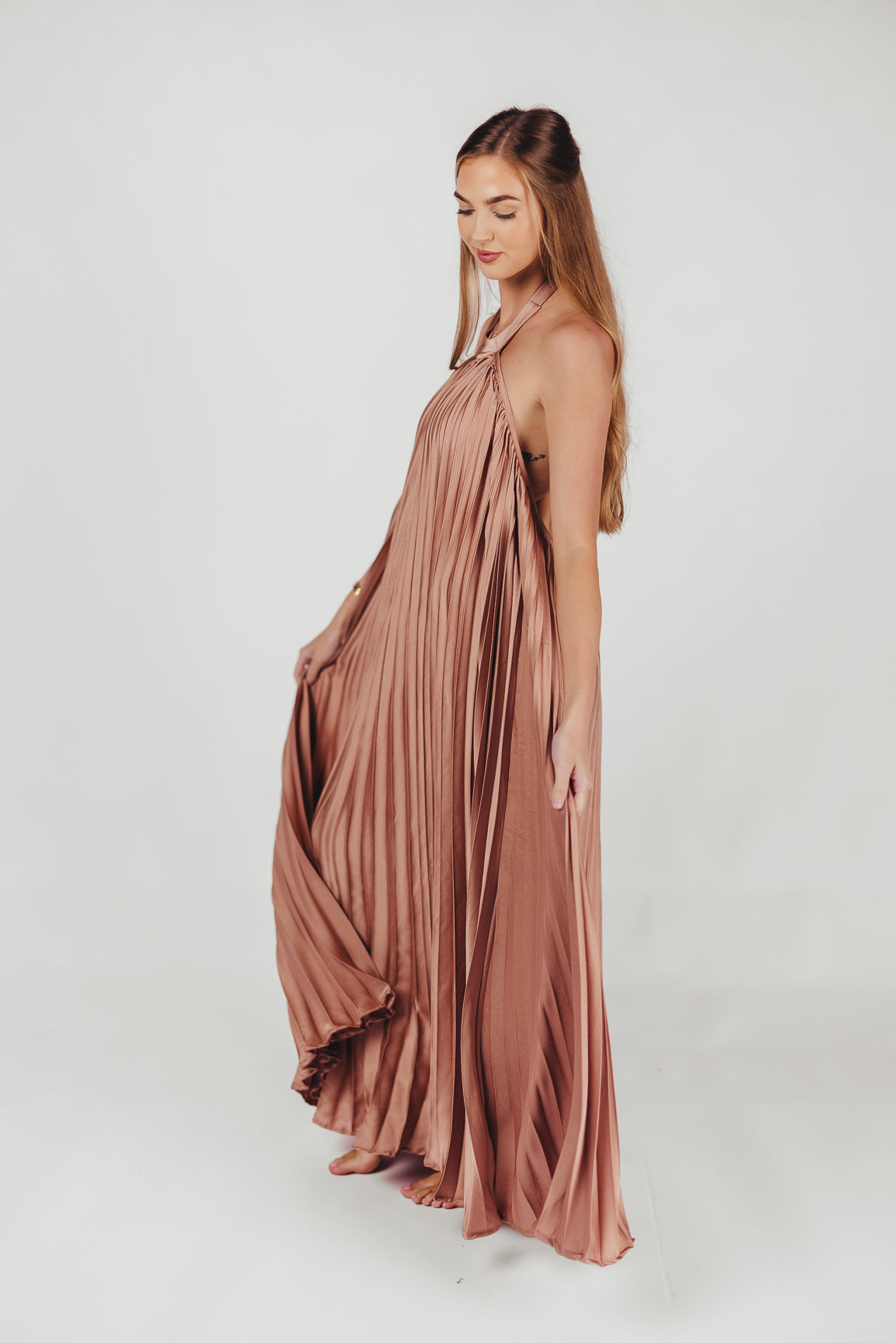 Maren Pleated Halter Maxi Dress in Mauve - Bump Friendly (S-XL)