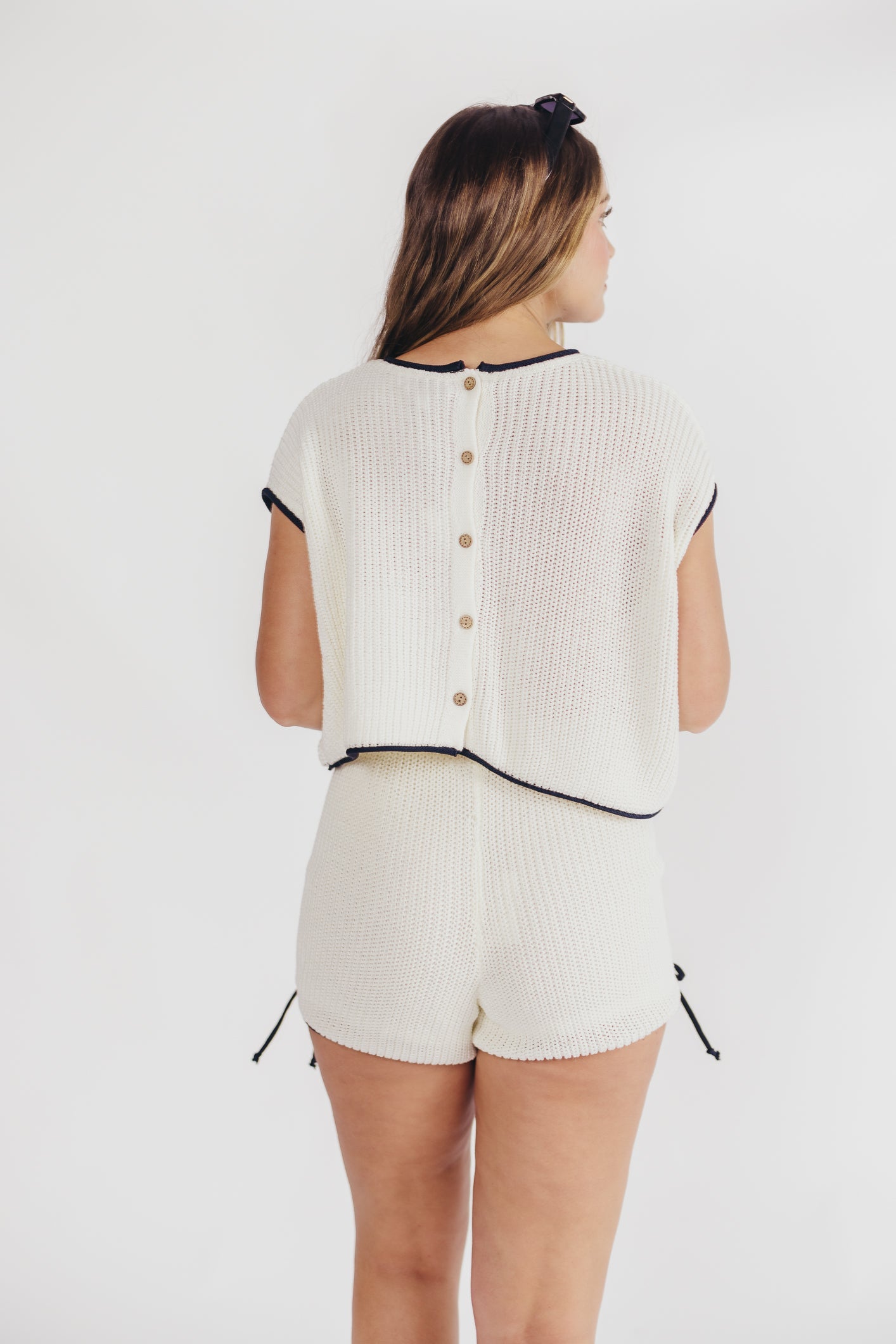 Yvonne Ruched Knit Top and Shorts Set with Contrast Detail in White/Navy