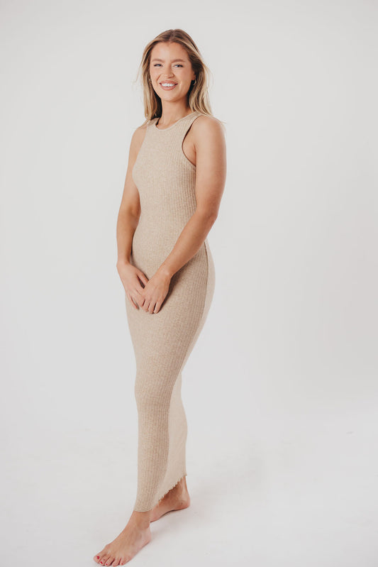 Bruges Crewneck Open Back Midi Dress in Oat