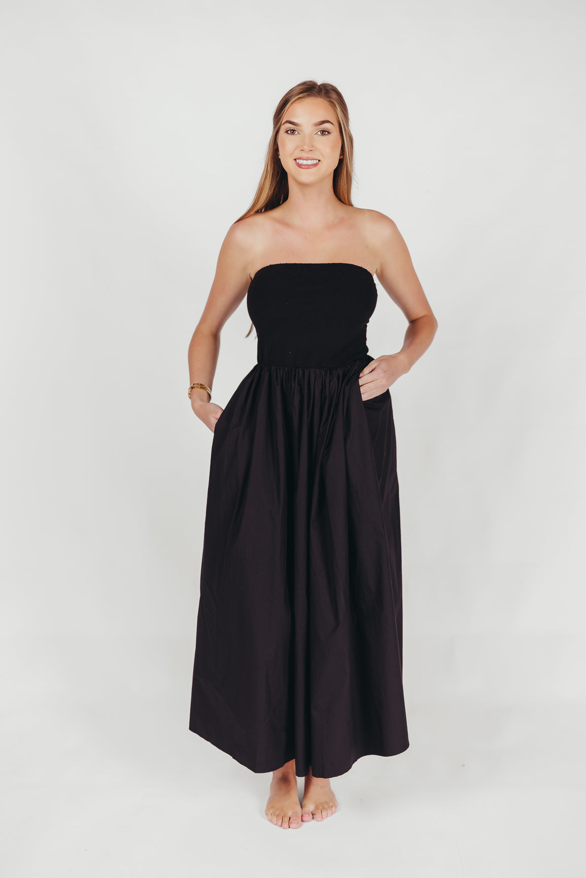 Elise Strapless Cotton Maxi Dress in Black