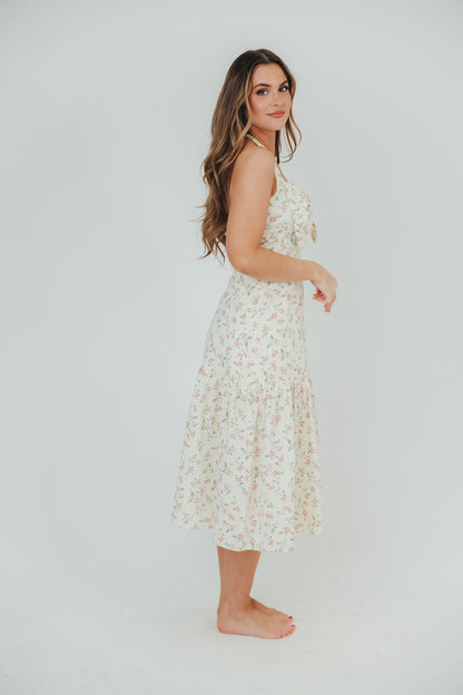 Taylor 100% Cotton Midi Dress with Bow Detail in Cream & Pink Floral