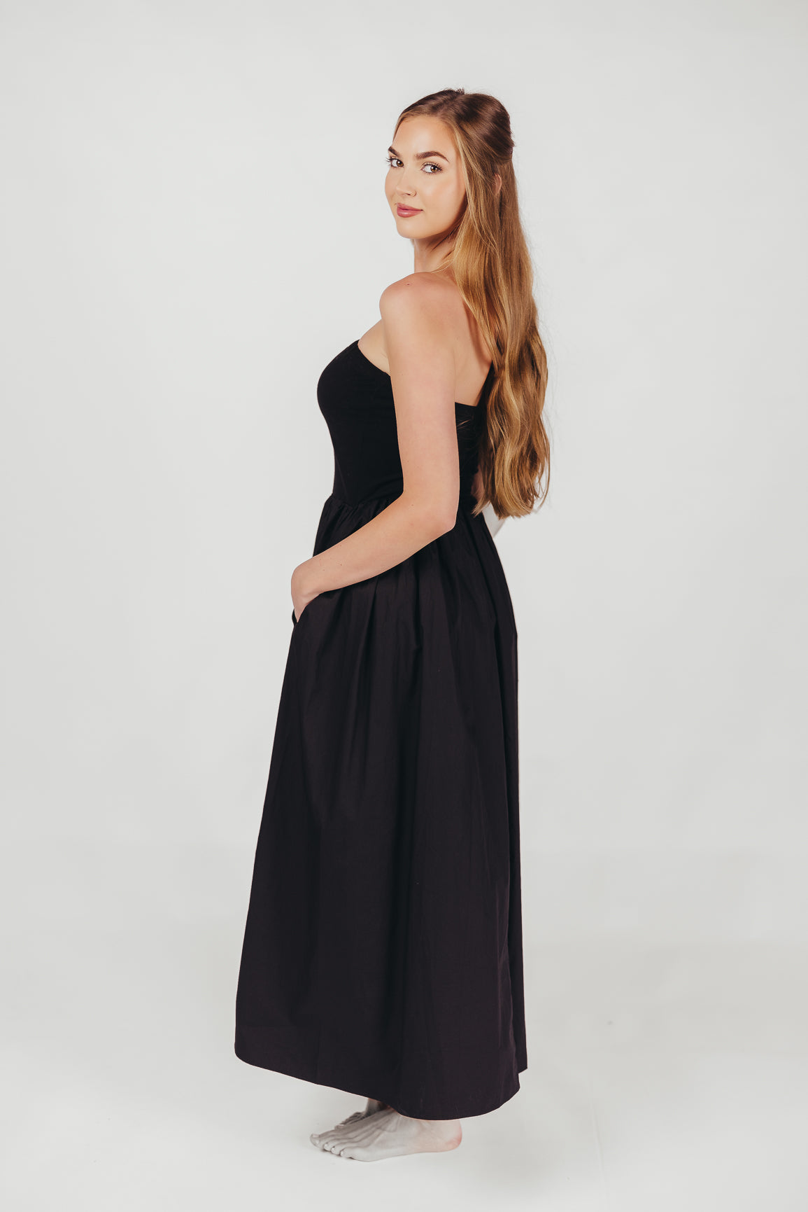 Elise Strapless Cotton Maxi Dress in Black