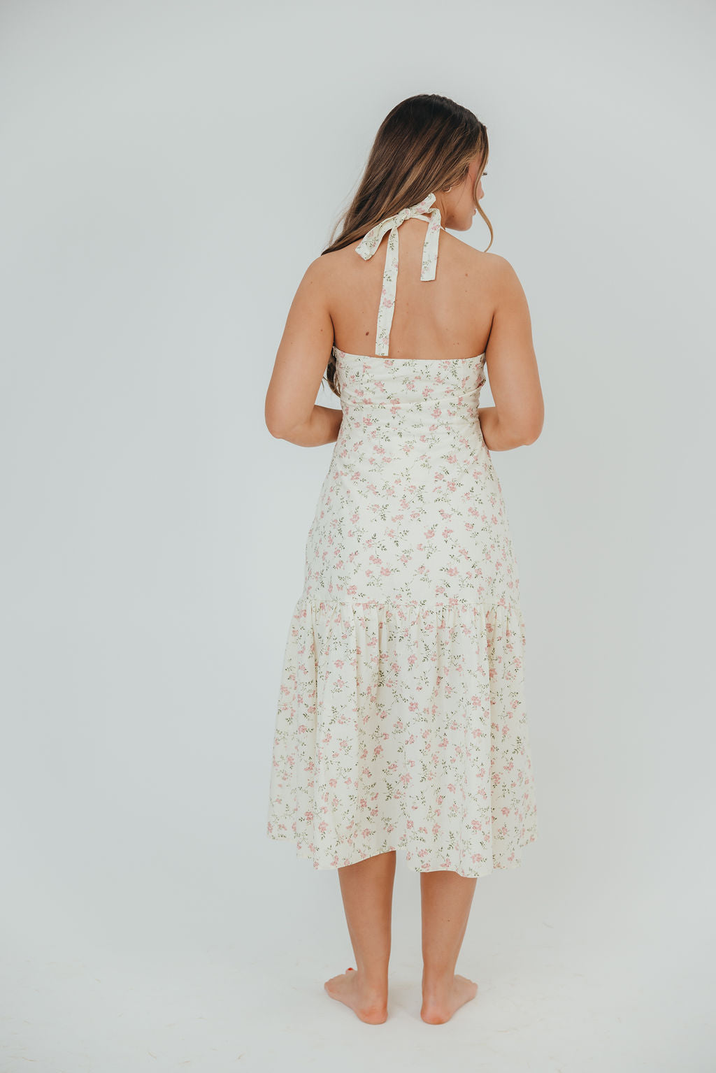 Taylor 100% Cotton Midi Dress with Bow Detail in Cream & Pink Floral