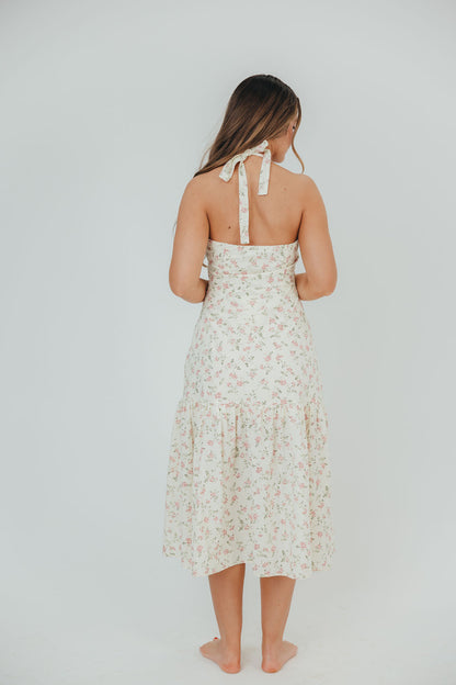 Taylor 100% Cotton Midi Dress with Bow Detail in Cream & Pink Floral