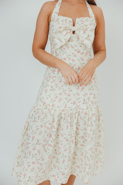 Taylor 100% Cotton Midi Dress with Bow Detail in Cream & Pink Floral