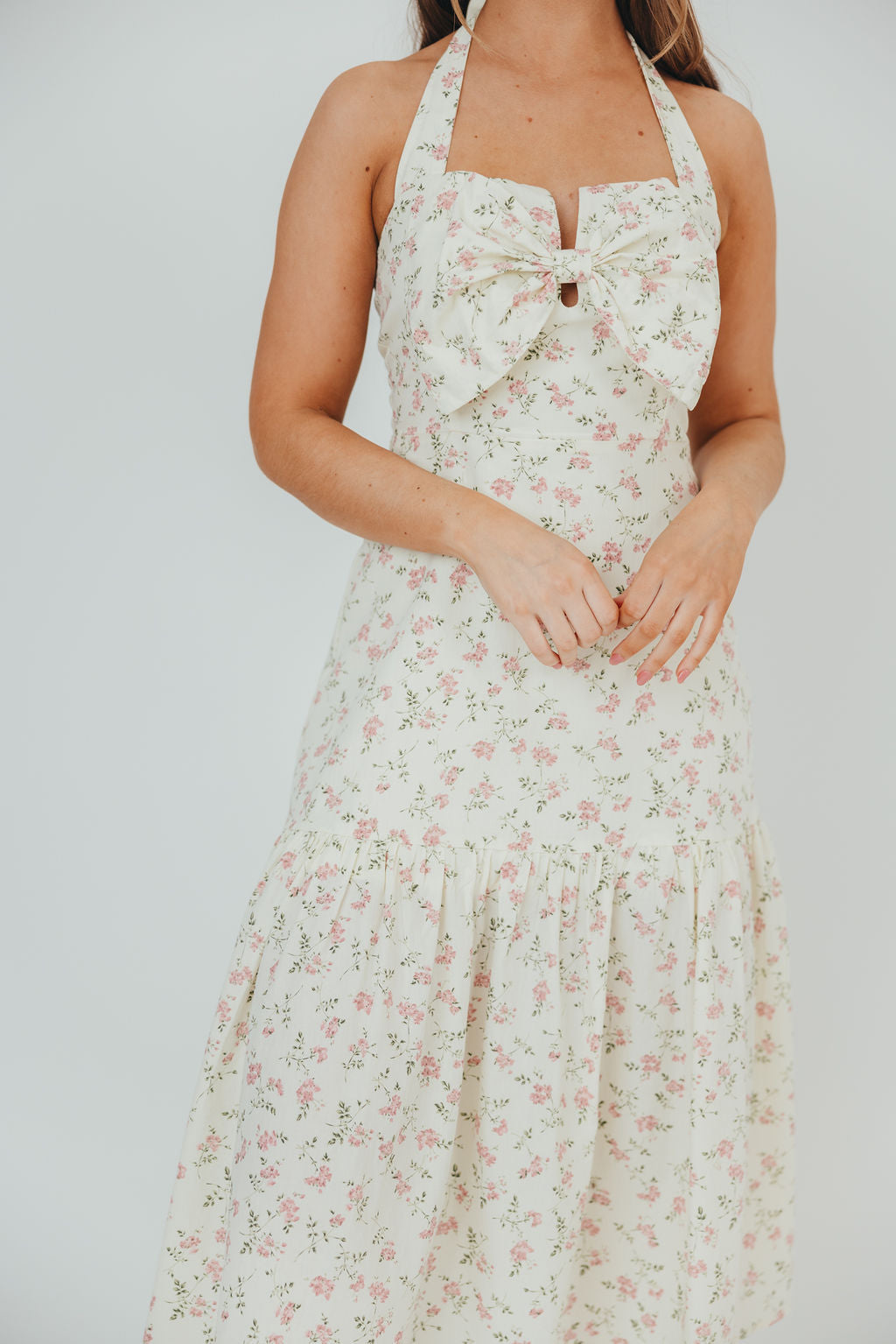 Taylor 100% Cotton Midi Dress with Bow Detail in Cream & Pink Floral