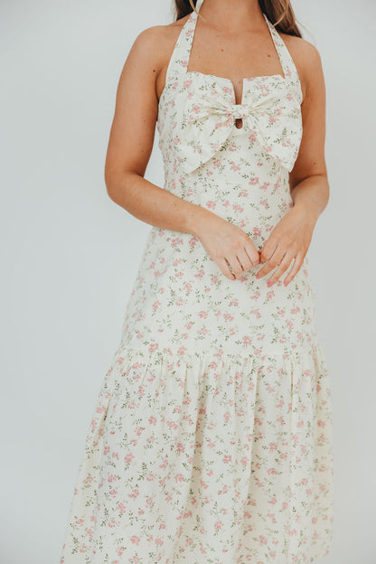 Taylor 100% Cotton Midi Dress with Bow Detail in Cream & Pink Floral