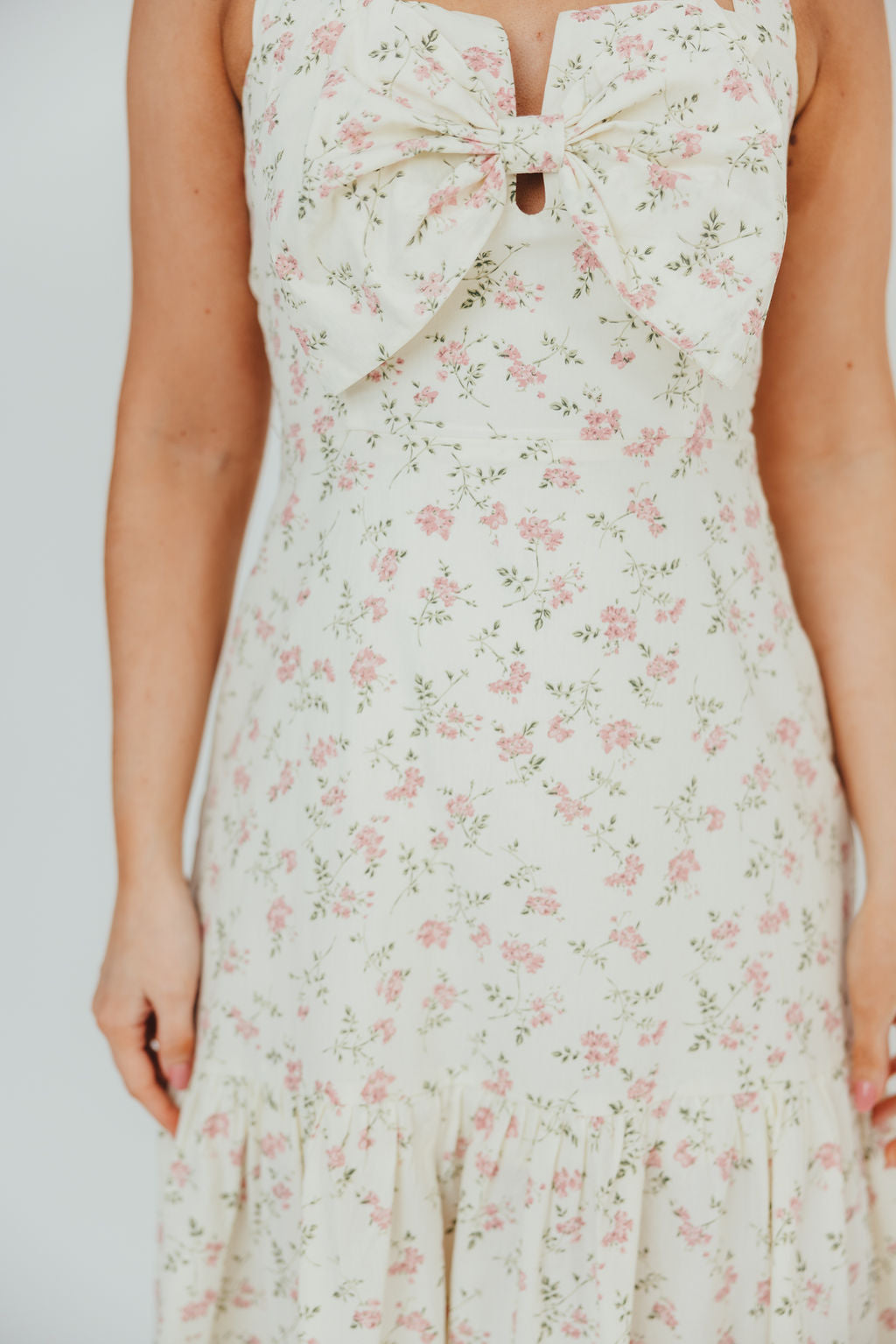 Taylor 100% Cotton Midi Dress with Bow Detail in Cream & Pink Floral