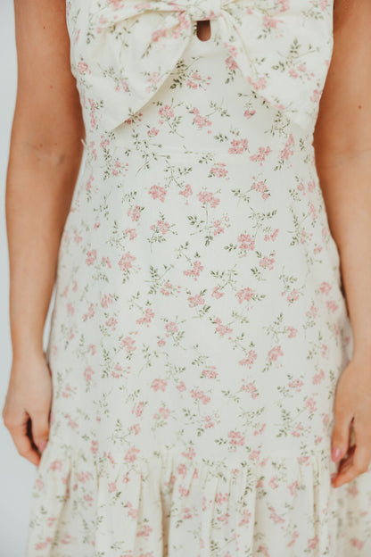 Taylor 100% Cotton Midi Dress with Bow Detail in Cream & Pink Floral