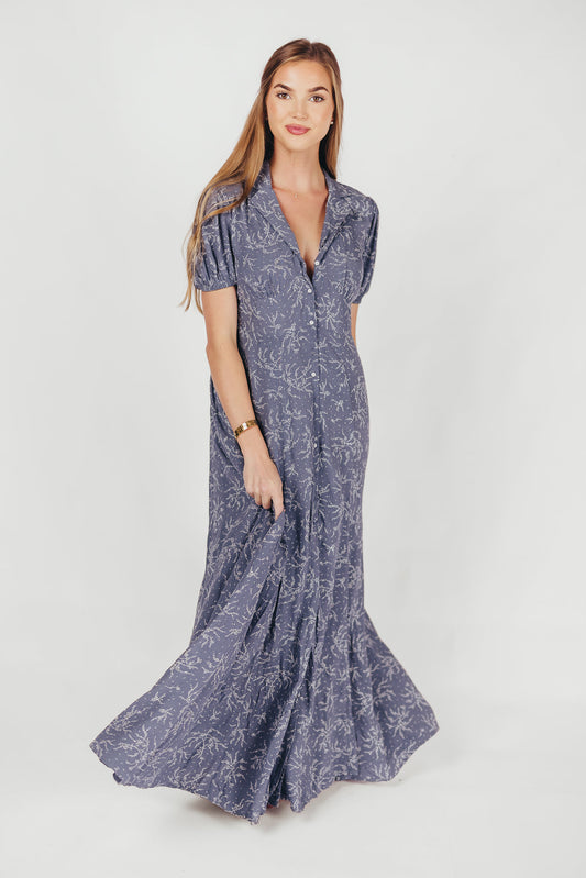 Mariah Collared Button-Down Maxi Dress in Faded Chambray Floral - Nursing Friendly