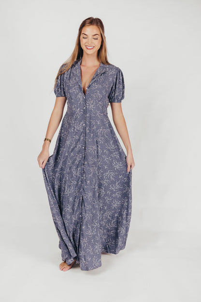 Mariah Collared Button-Down Maxi Dress in Faded Chambray Floral - Nursing Friendly