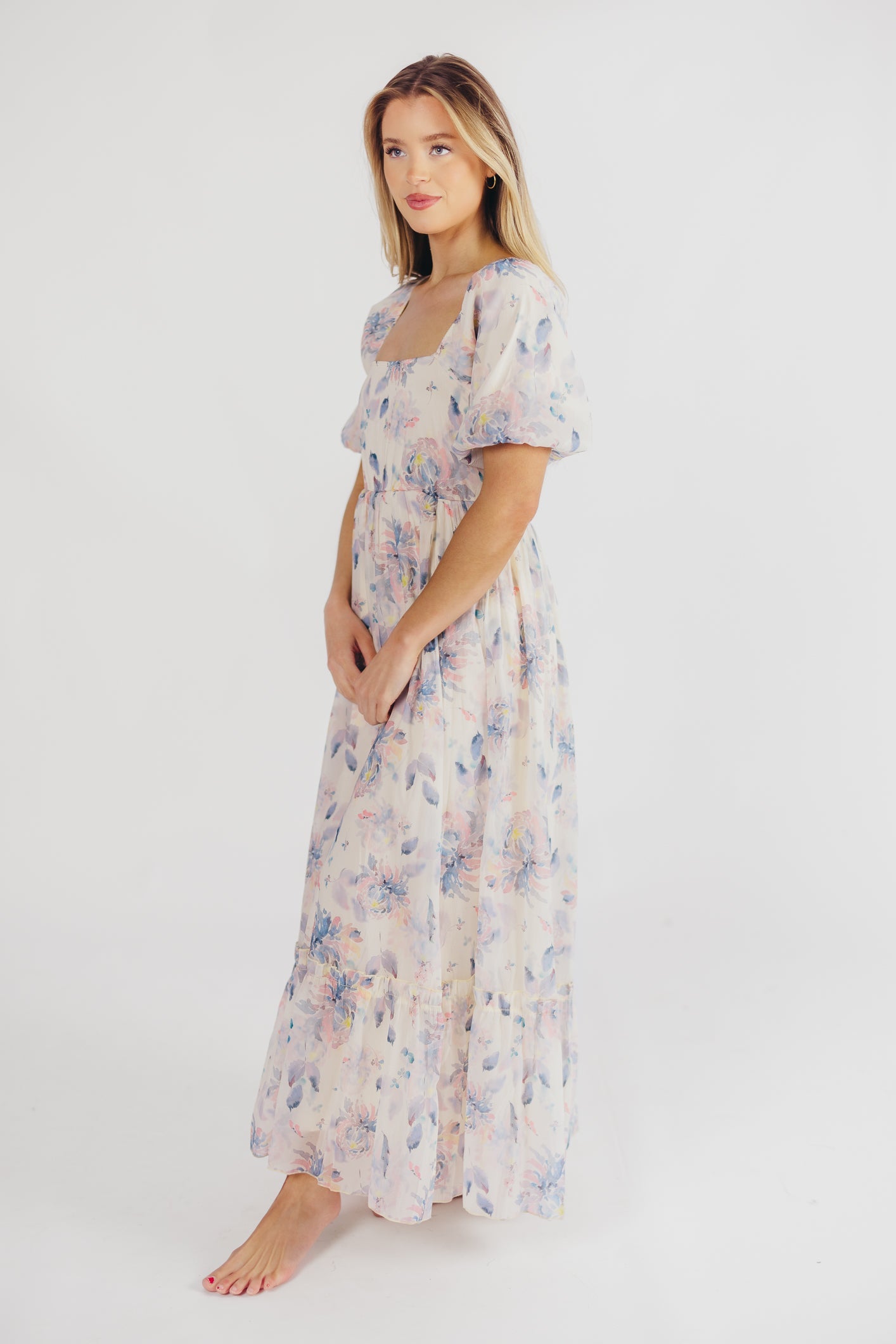 Callie Floral Midi Dress with Square Neckline in Blue Multi - Bump Friendly & Inclusive Sizing (S-3XL)