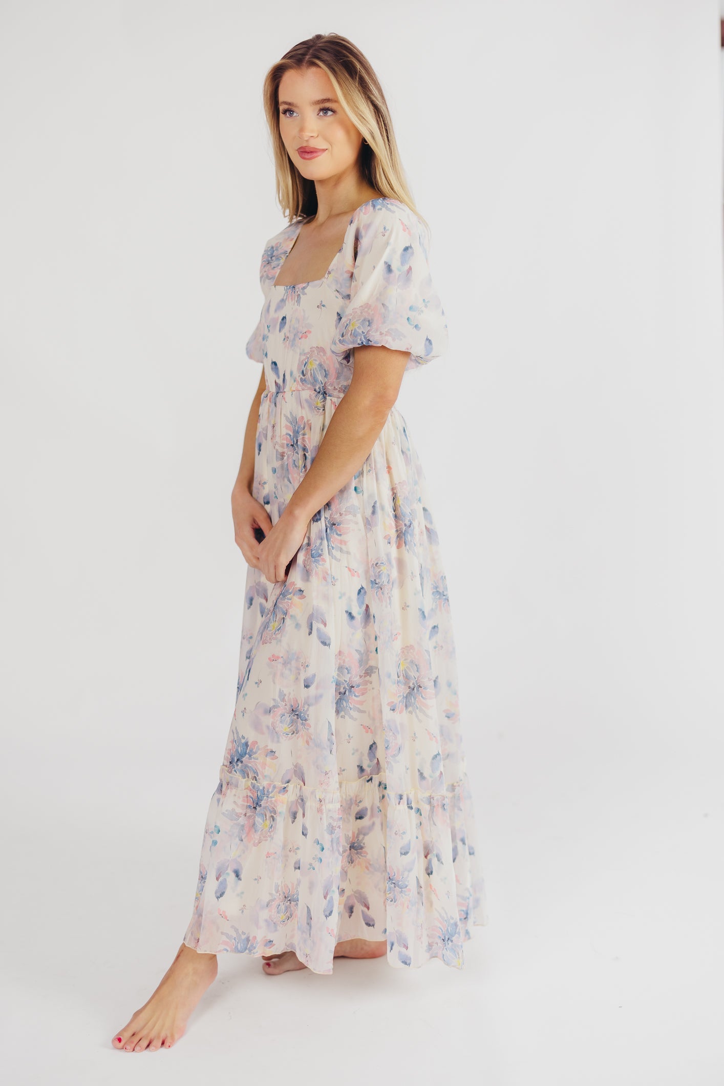 Callie Floral Midi Dress with Square Neckline in Blue Multi - Bump Friendly & Inclusive Sizing (S-3XL)