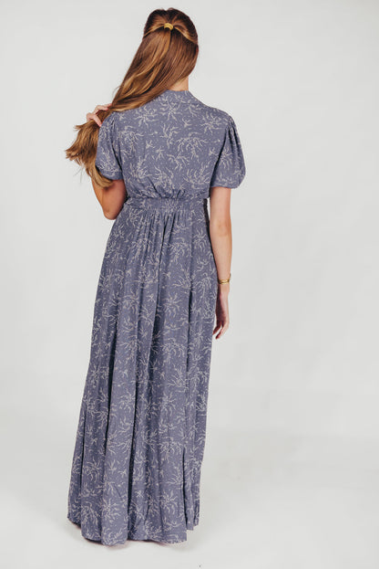 Mariah Collared Button-Down Maxi Dress in Faded Chambray Floral - Nursing Friendly