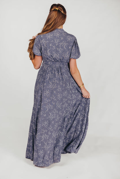 Mariah Collared Button-Down Maxi Dress in Faded Chambray Floral - Nursing Friendly