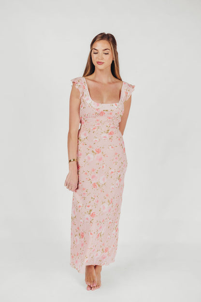 Pisa Floral Chiffon Midi Dress with Ruffle Shoulder in Blush