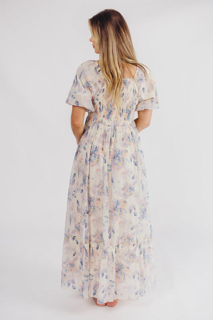 Callie Floral Midi Dress with Square Neckline in Blue Multi - Bump Friendly & Inclusive Sizing (S-3XL)